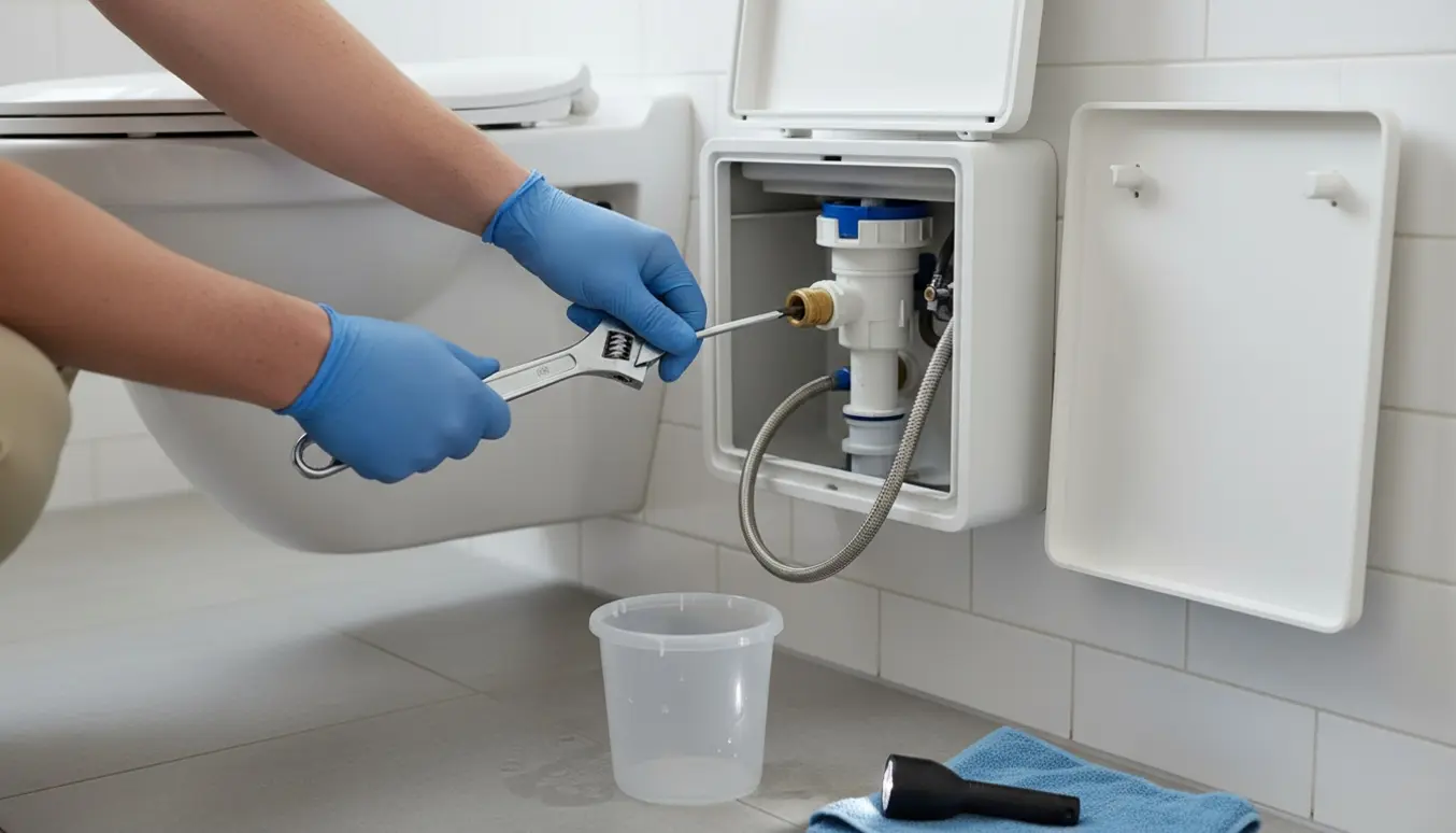 Åben indbygget toiletcisterne med handsker og værktøj, der inspicerer indløbsventilen mens en spand fanger dryp.