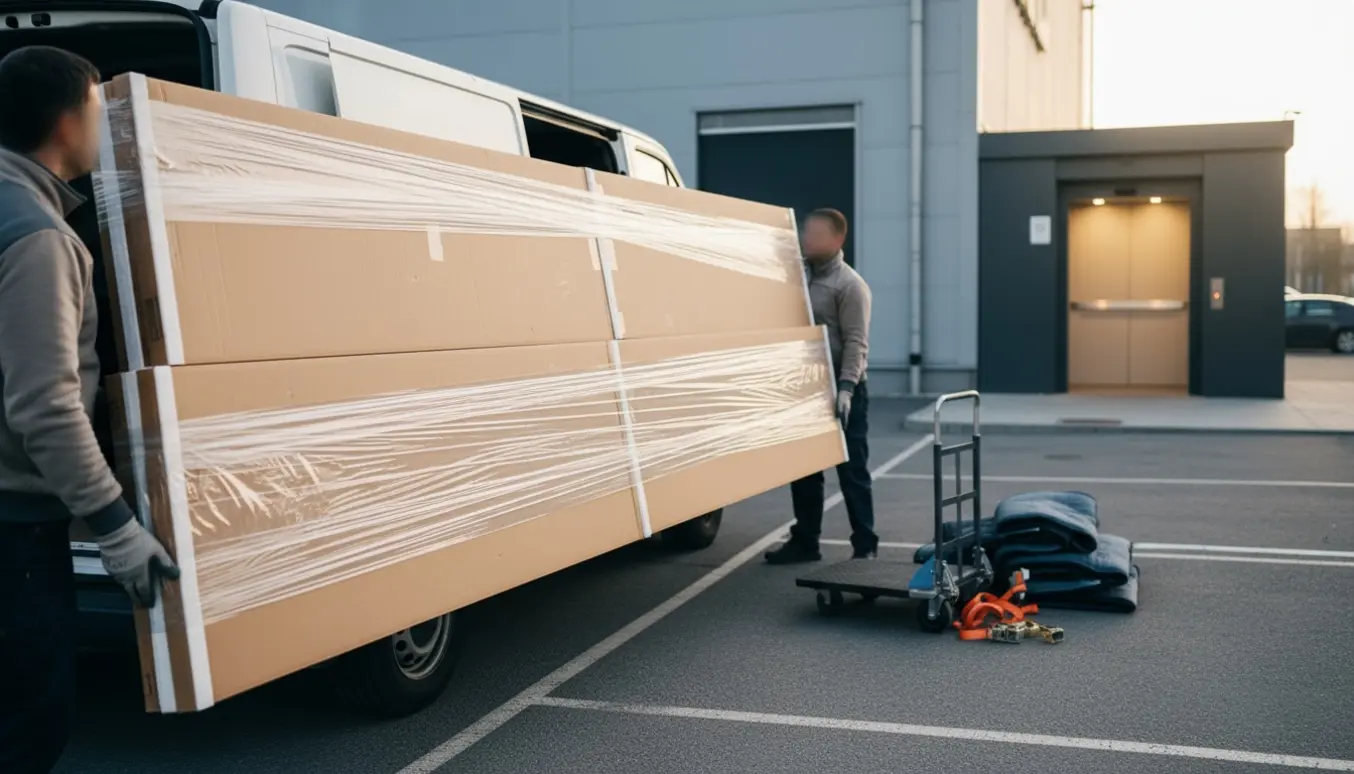 Pakkede låger på over to meter læsses forsigtigt i en varevogn ved en afhentning med elevator åben i baggrunden.