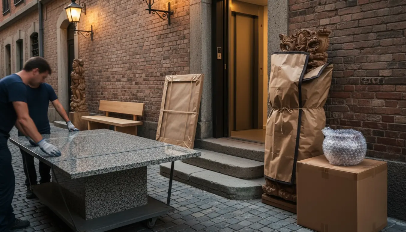 Aftenflytning fra et lille galleri med et granitbord på dolly, indpakkede møbler og en bobleindpakket krukke.