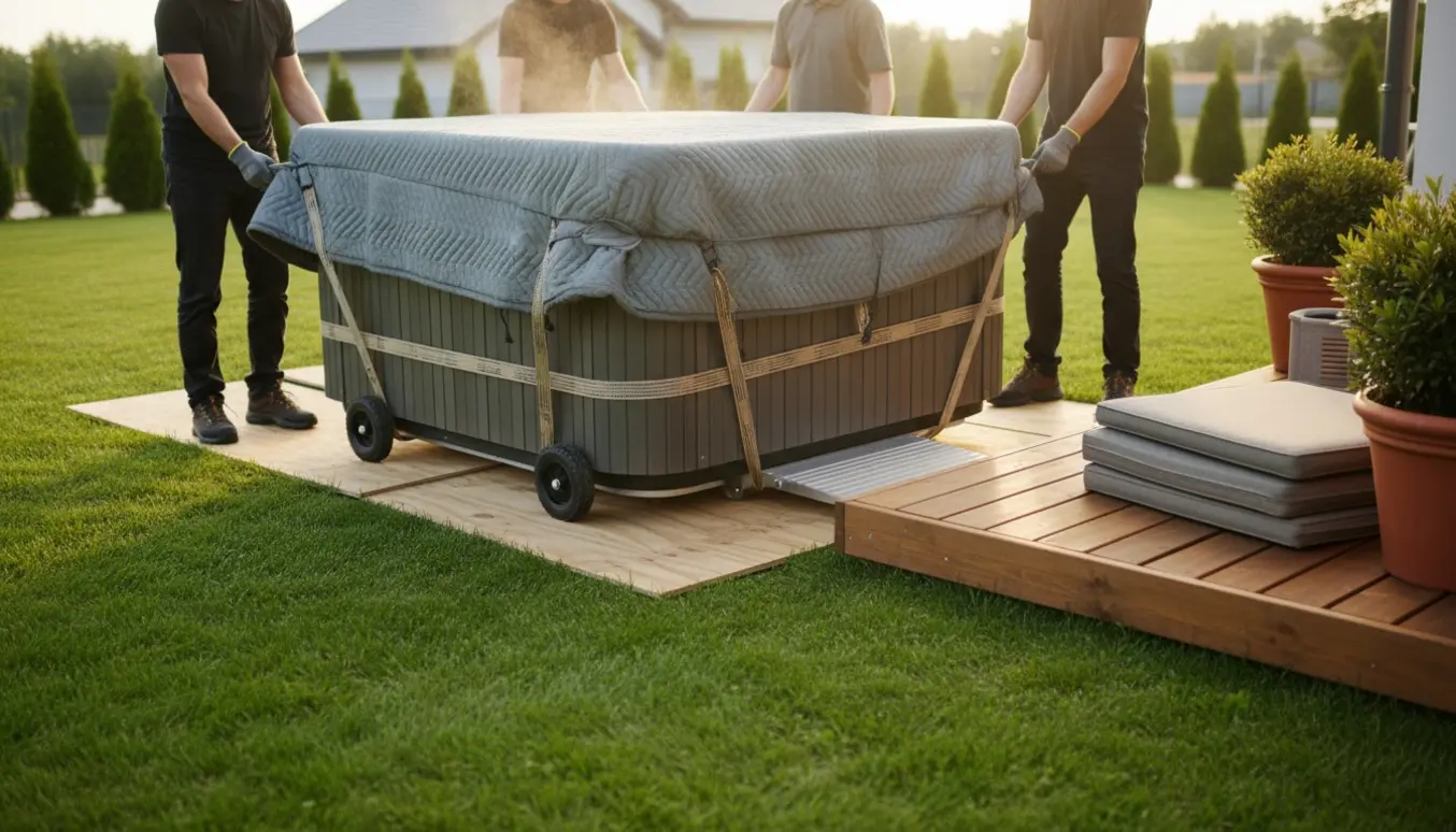 Et udendørs spabad bæres over en græsgang og ind på en træterrasse ved hjælp af tralle, løftestropper og beskyttende tæpper.