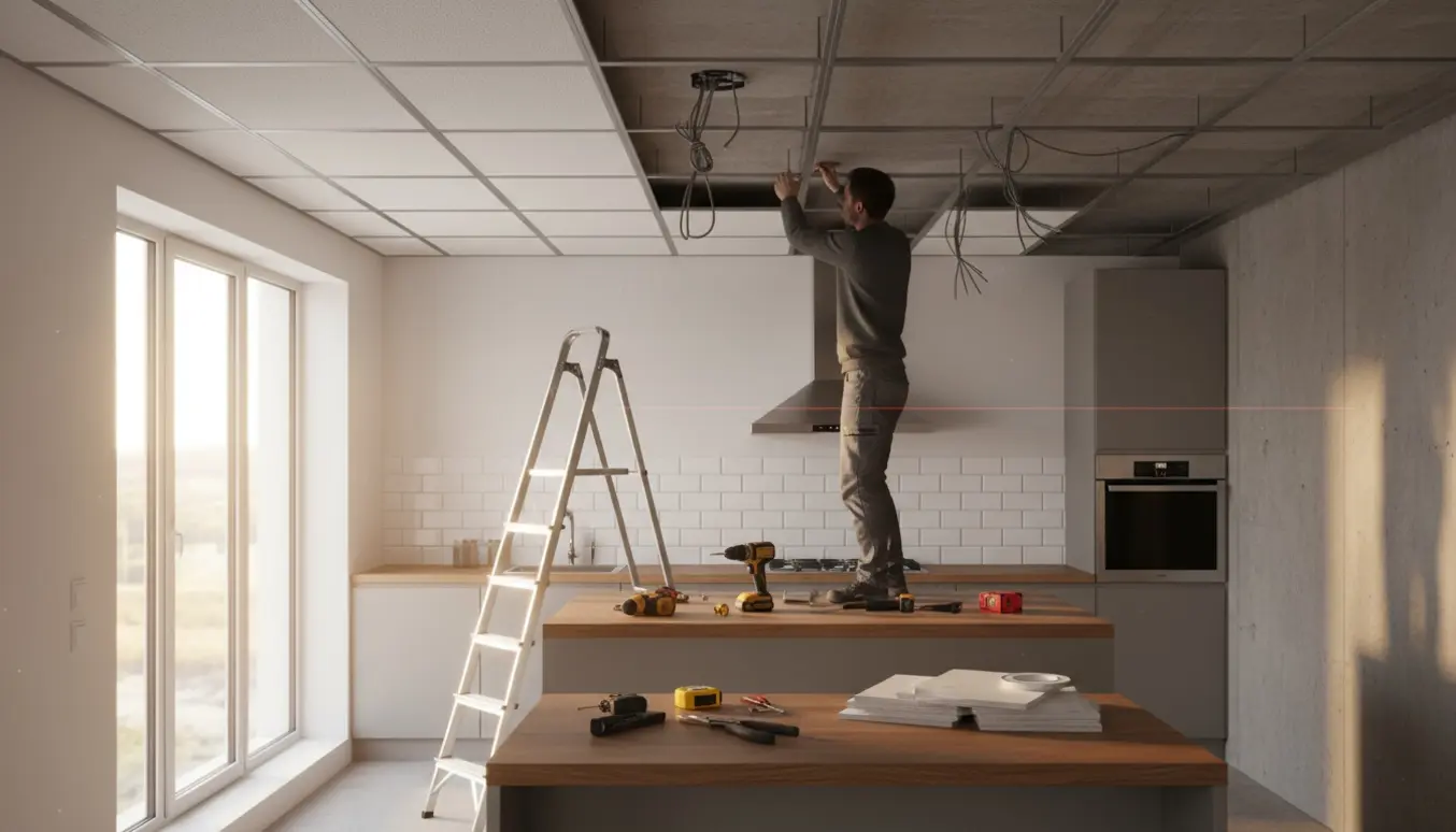 Lille køkken under renovering med halvt monteret nedsænket loft, stige og værktøj på bordet.