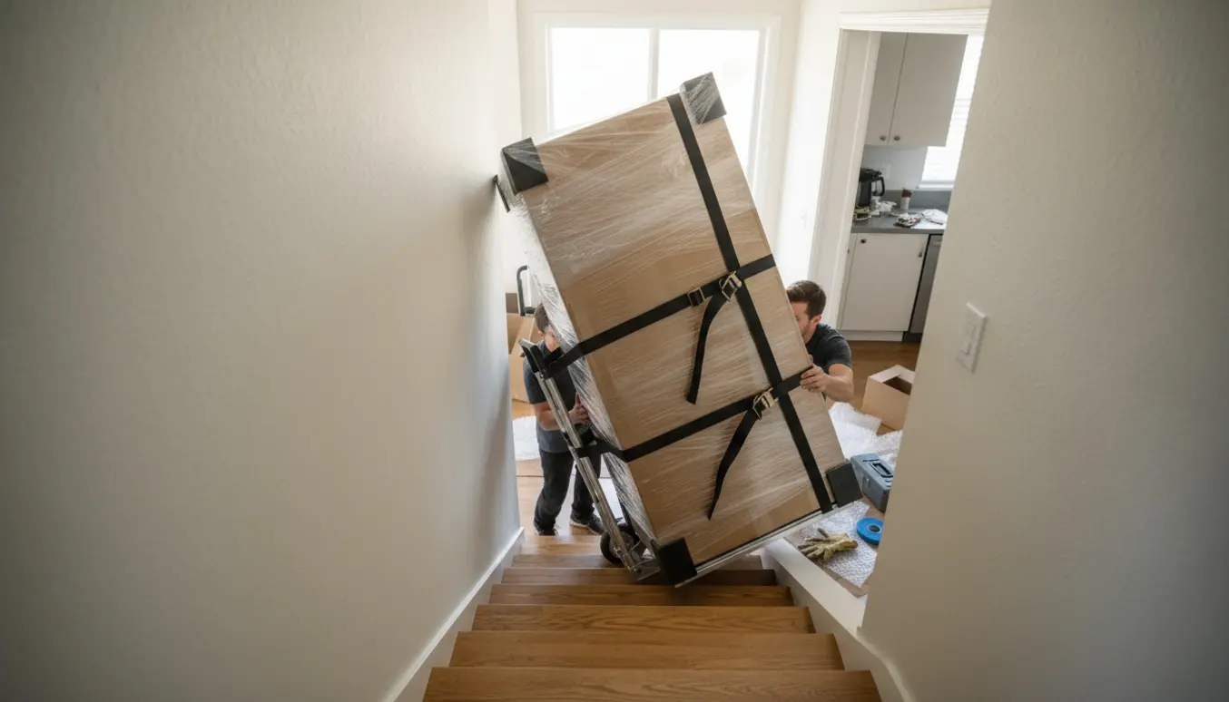 Indpakket amerikanerkøleskab trækkes op ad ni trappetrin på en handtruck, klar til at blive udpakket og placeret i køkkenet.