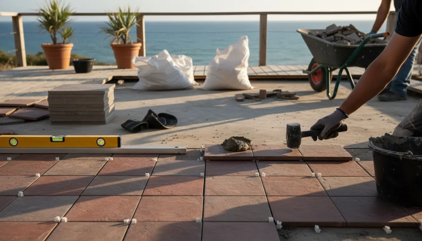Haveterrasse med nye Munkesteen rødmix fliser under udlægning, værktøj og bunker af gamle fliser i baggrunden.