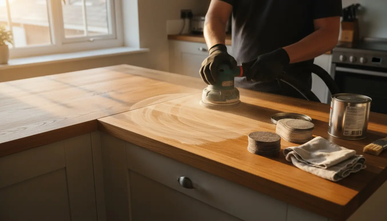 Slibning af massiv egetræskøkkenbord med excentersliber og synlig vandskade, klar til oliering.