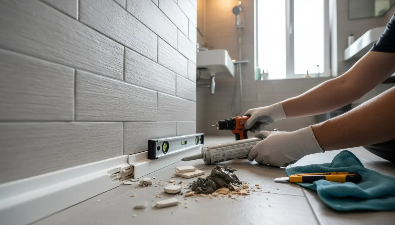 Nærbillede af hænder, der monterer en ny hvid vægprofil i et lyst badeværelse med fliser og værktøj ved siden af.