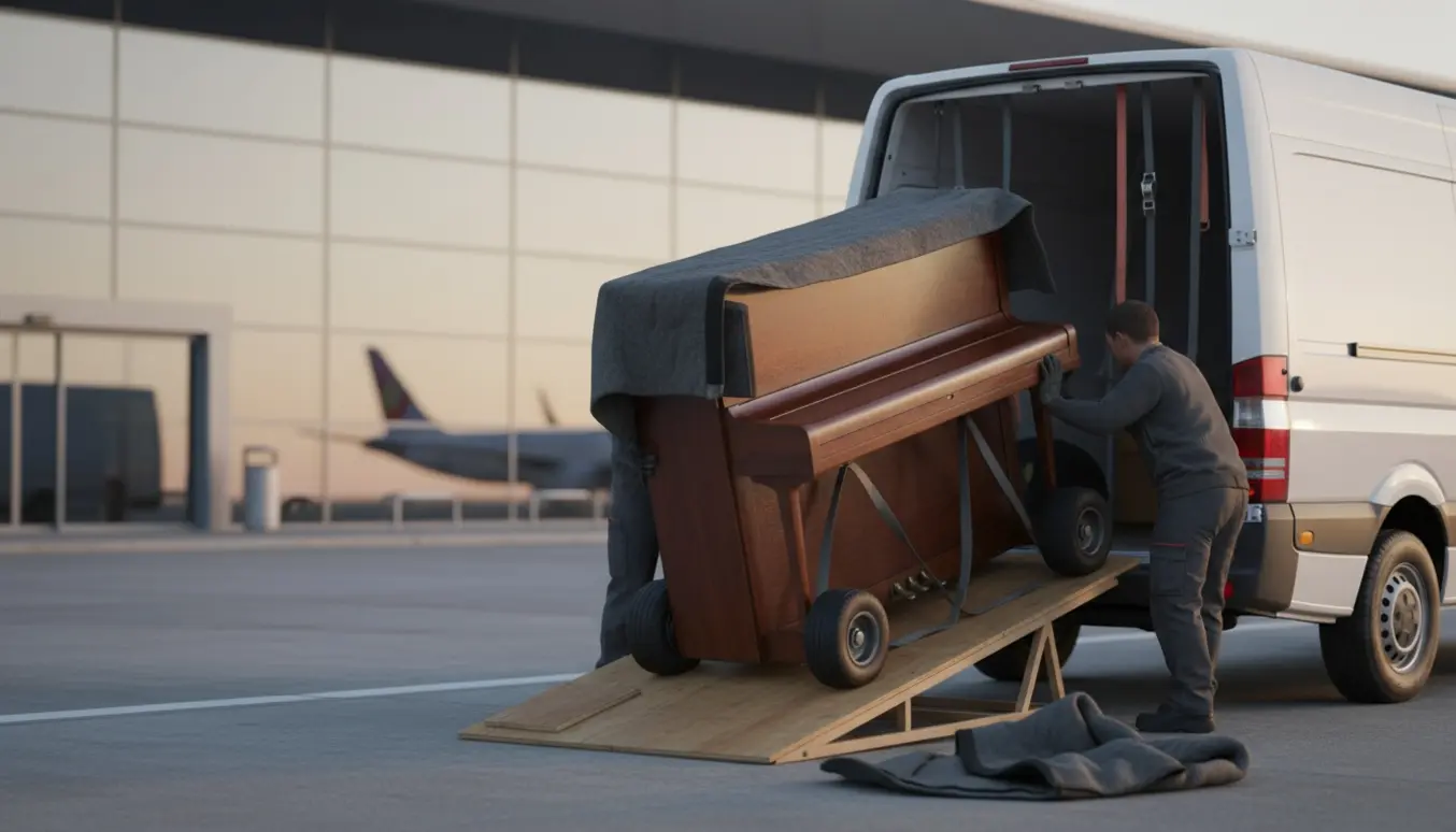 Flytning af et opretstående klaver ind i en ubemærket flyttevogn ved en lufthavnsstation.