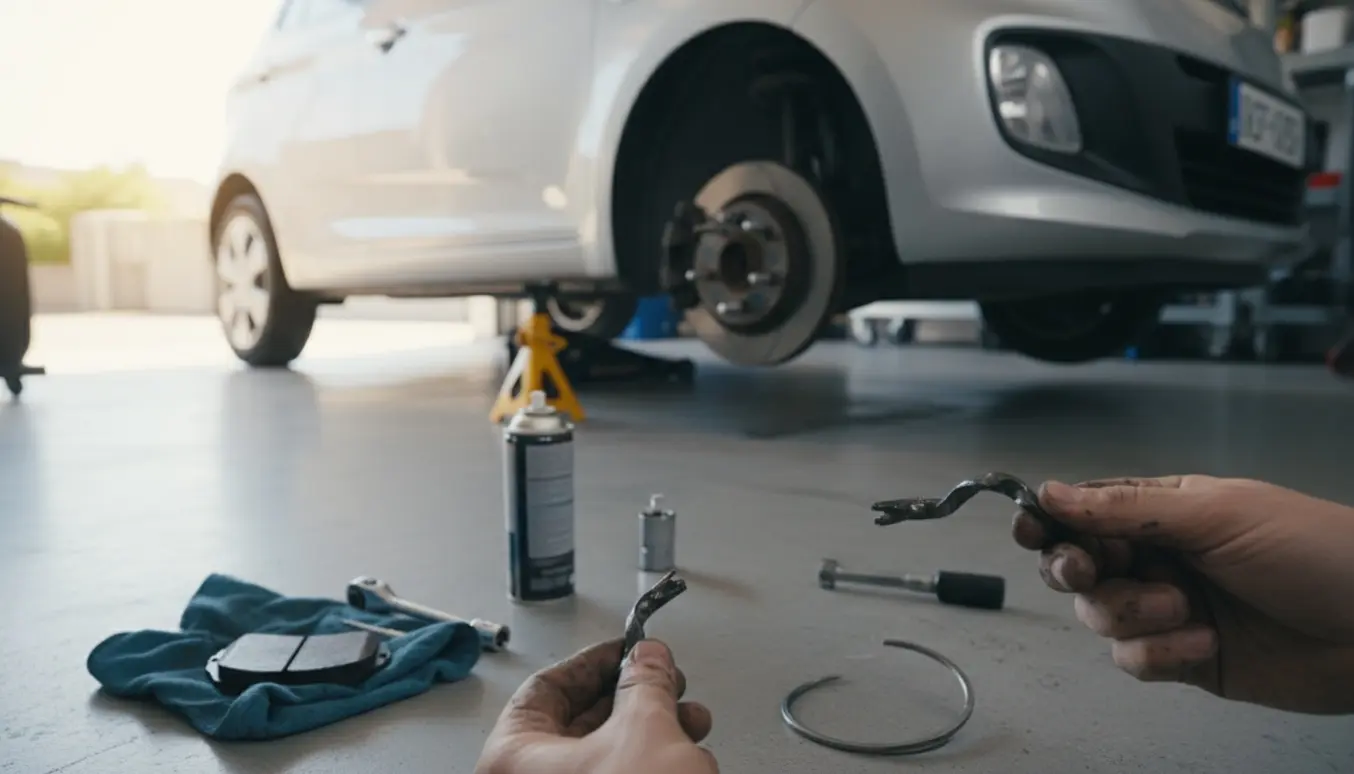 Forhjulsbremse med afmonteret hjul og en mekanikers handske, der holder en beskadiget metaldel ved navet.