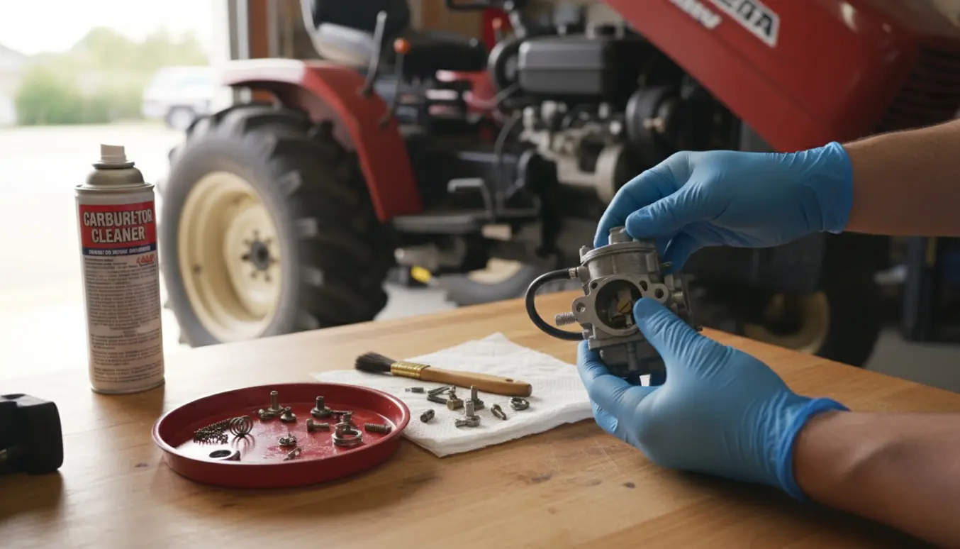 Nærbillede af en renset karburator på en garagebænk med værktøj og dele fra en havetraktor.