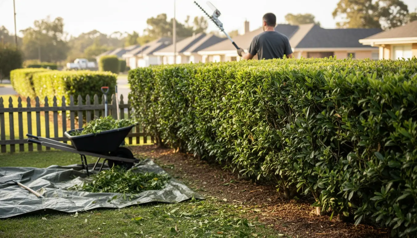 Lang hæk trimmes fra jorden med en lang stang-hækkeklipper, uden stige, og afklip samles i en trillebør.