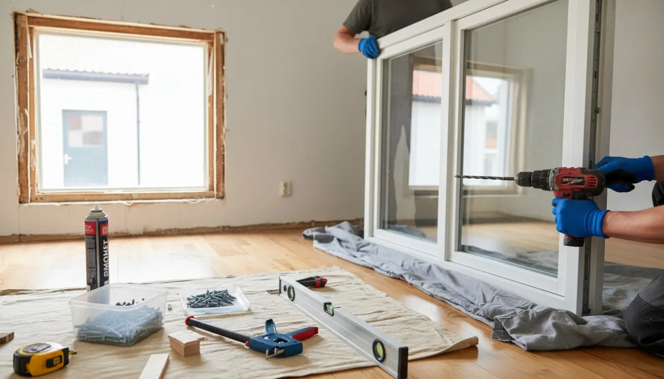 To vinduer klar til montering i et lyst rum med værktøj og hænder i arbejde uden synlige ansigter.