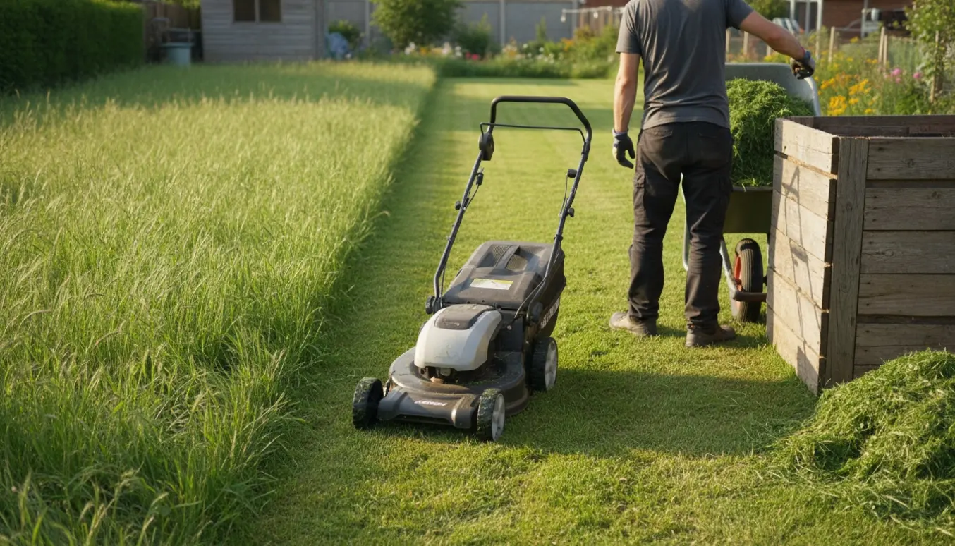 En person tømmer en trillebør med nyslået græs ned i en kompostbeholder på en stor græsplæne.