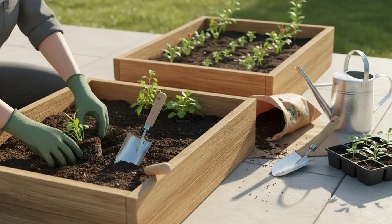 To store plantekasser på en platform, hvor hænder planter stiklinger i fugtig jord med haveværktøj i blødt sollys.