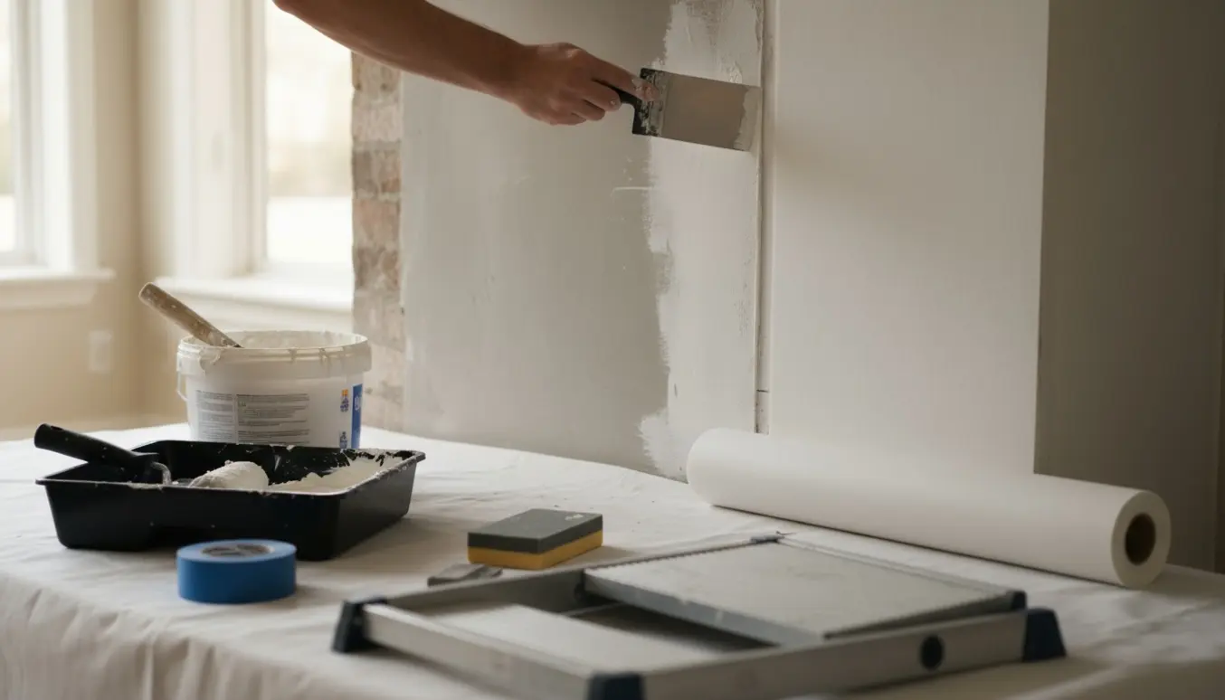 Håndspartling og opsætning af filt på indvendig skorstensfront med malerredskaber.