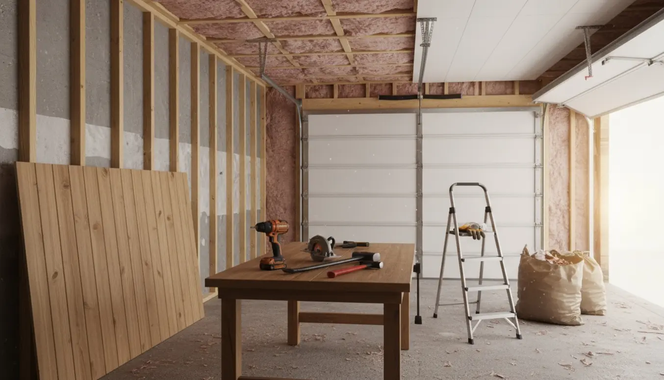 Midt i renovering af garage med nye træplader mod væggene, isolering i loftet og værktøj i forgrunden.