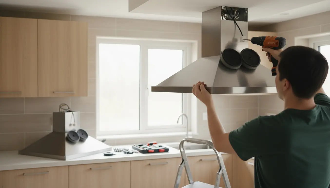 Installering af emhætte med kulfilter i et lyst køkken, hvor hætten hænges op og tilsluttes strøm.