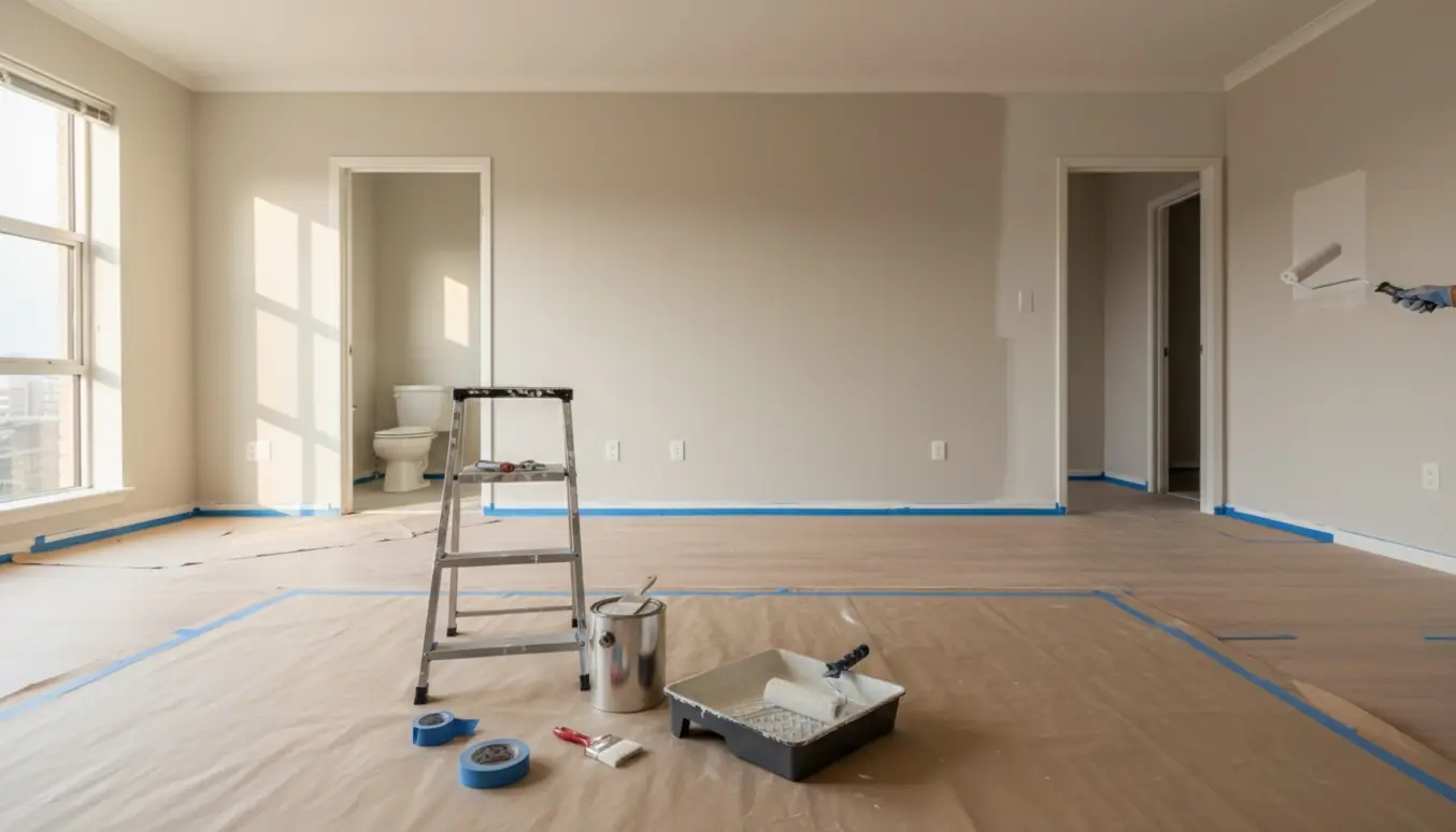 Tom lejlighed midt i maling med malerrulle, pensler, malertape og afdækningspap, nymalede vægge og malede toilet synligt gennem en åben dør.