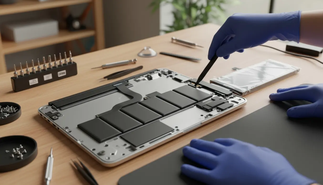 Udskiftning af batteri i en 13" MacBook Air på et arbejdsbord med nyt batteri og præcisionsværktøj.