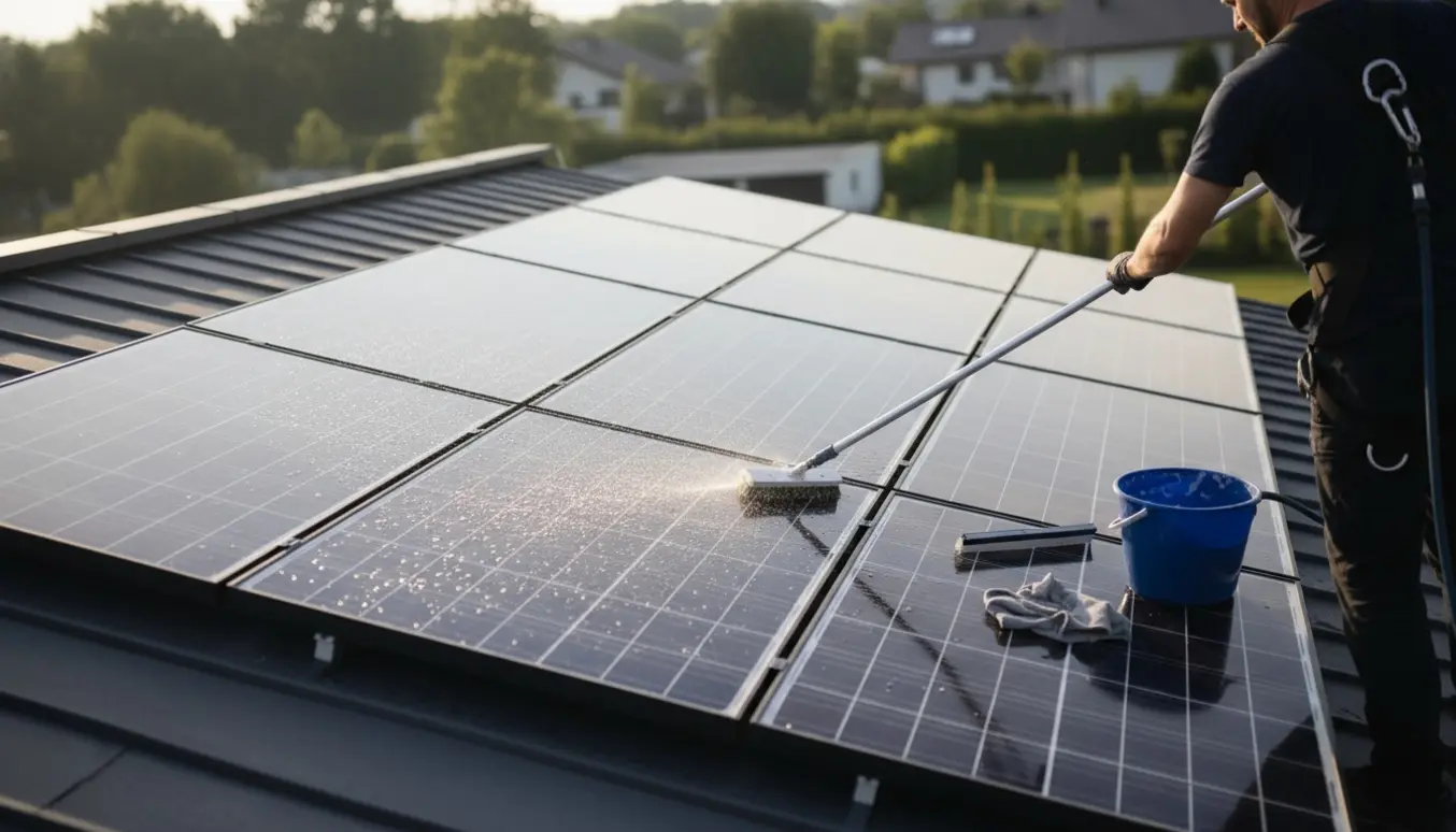 Rengøring af solcellepaneler på næsten fladt tag med pumpslange og teleskopbørste.