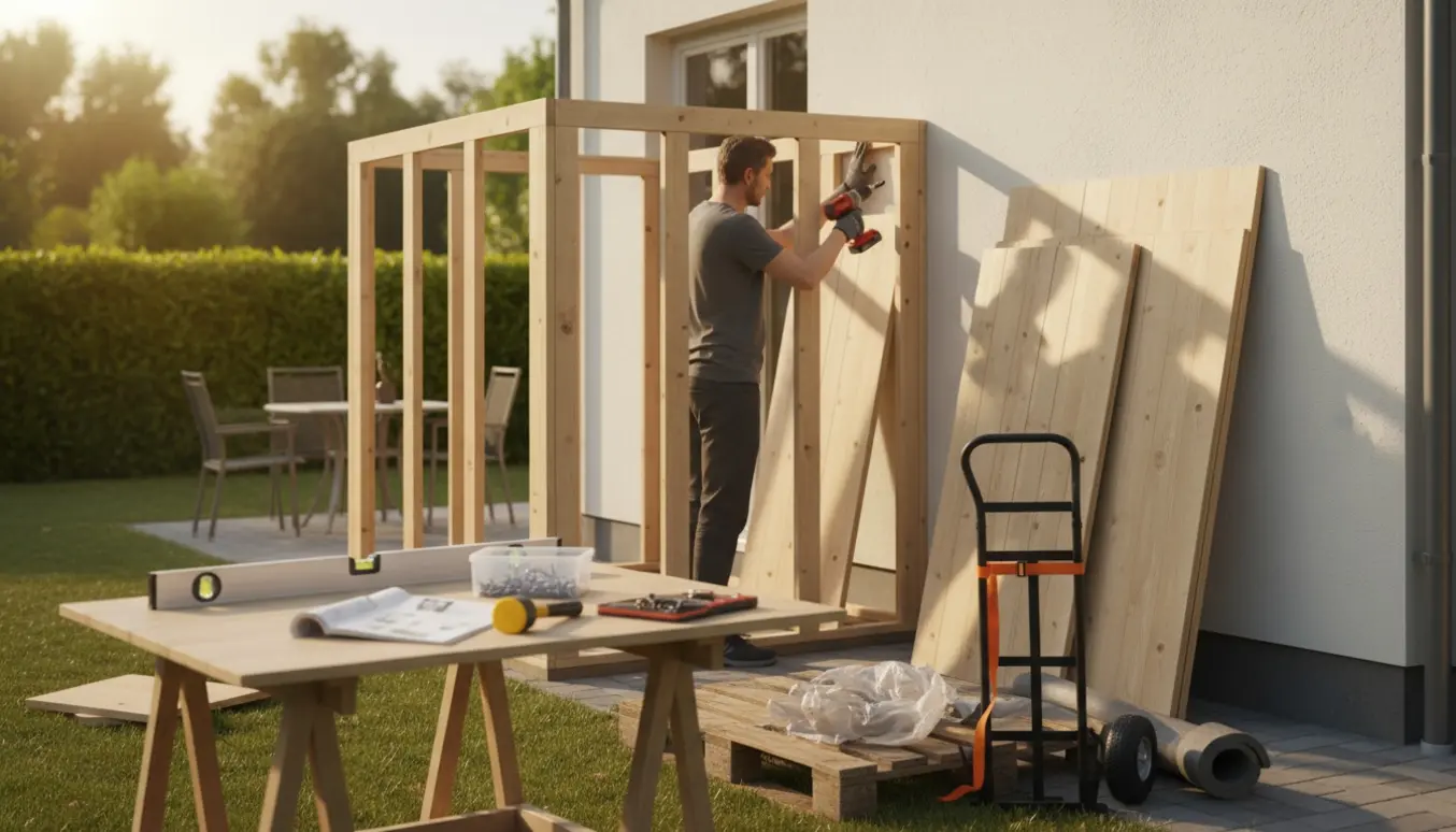 Træpaneler til et redskabsskur samles op ad husmuren med værktøj og arbejdshænder i fokus.