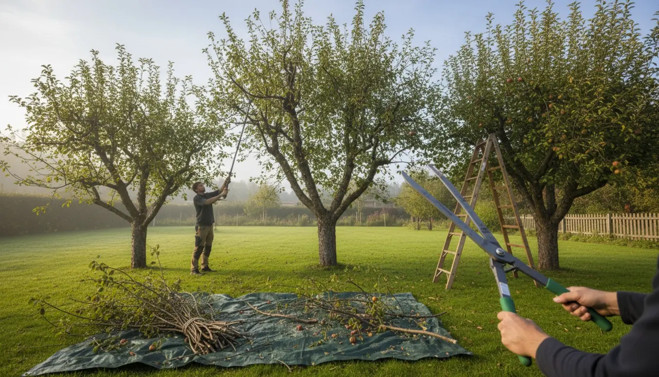 Beskæring af et blommetræ og to æbletræer i en have med stige, beskæringsværktøj og opsamlede grene.