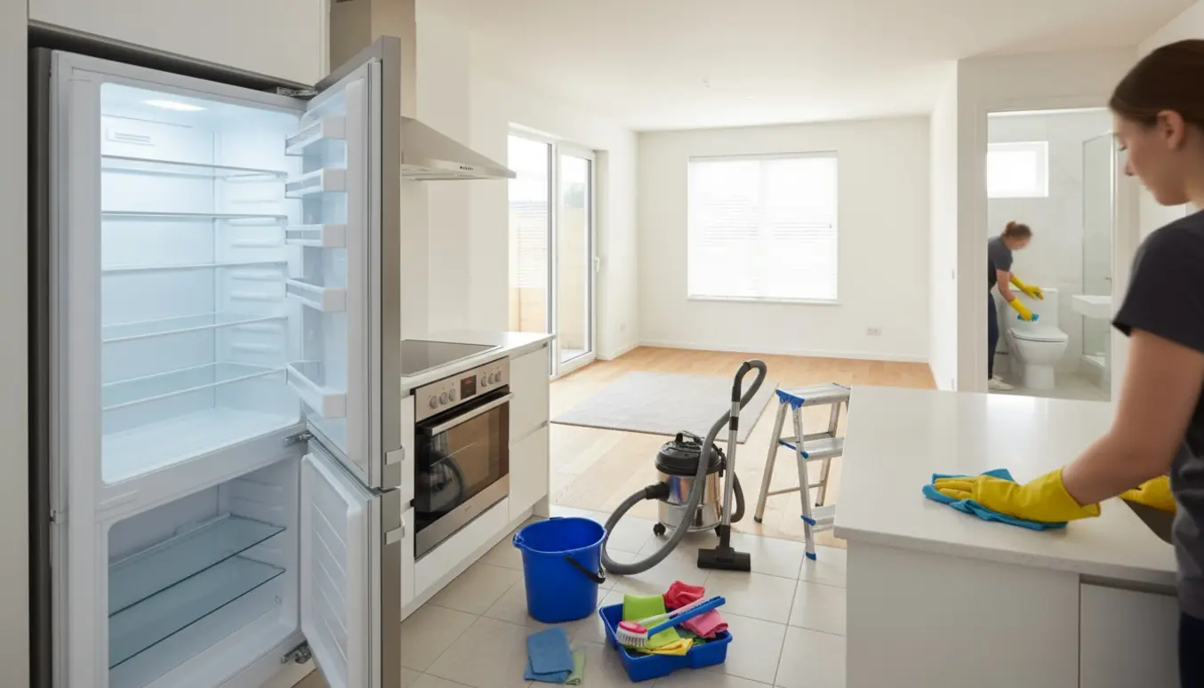 Indflytningsrengøring i et enkeltplanshus med rengjort køkken, rengøringsudstyr og personer i handsker.