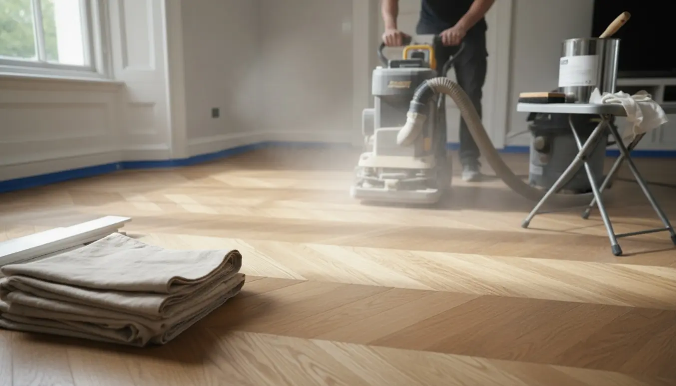 Håndværker sliber og klargør et nyere parketgulv i en lys stue, klar til lakering.
