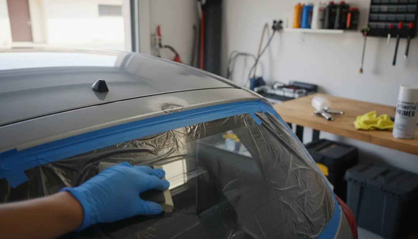 Nærbillede af en hatchbacks tag klar til lakering efter ætsning fra fugleklatter med slibeværktøj og afmaskning.