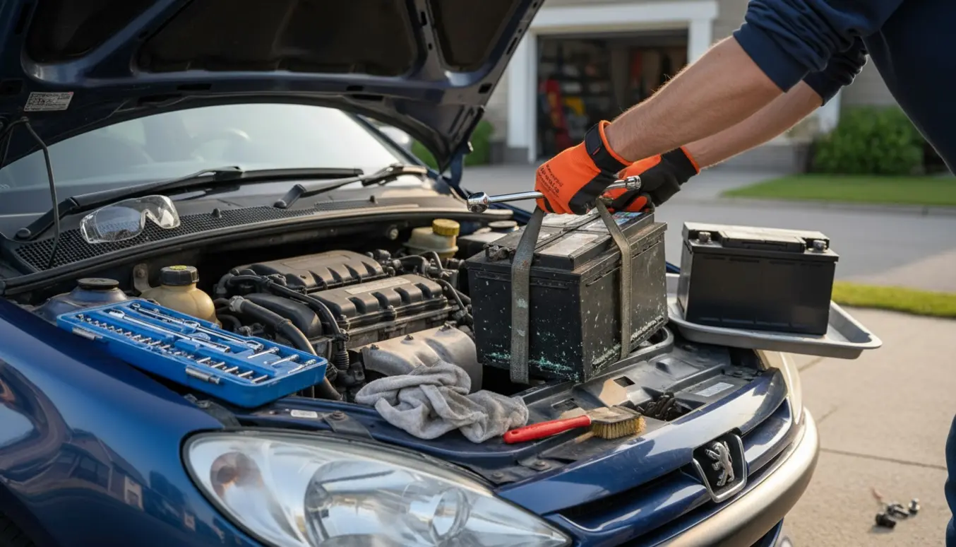 Åben motorhjelm på en Peugeot 206, handskerede hænder i gang med at skifte bilbatteri med skruenøgle.
