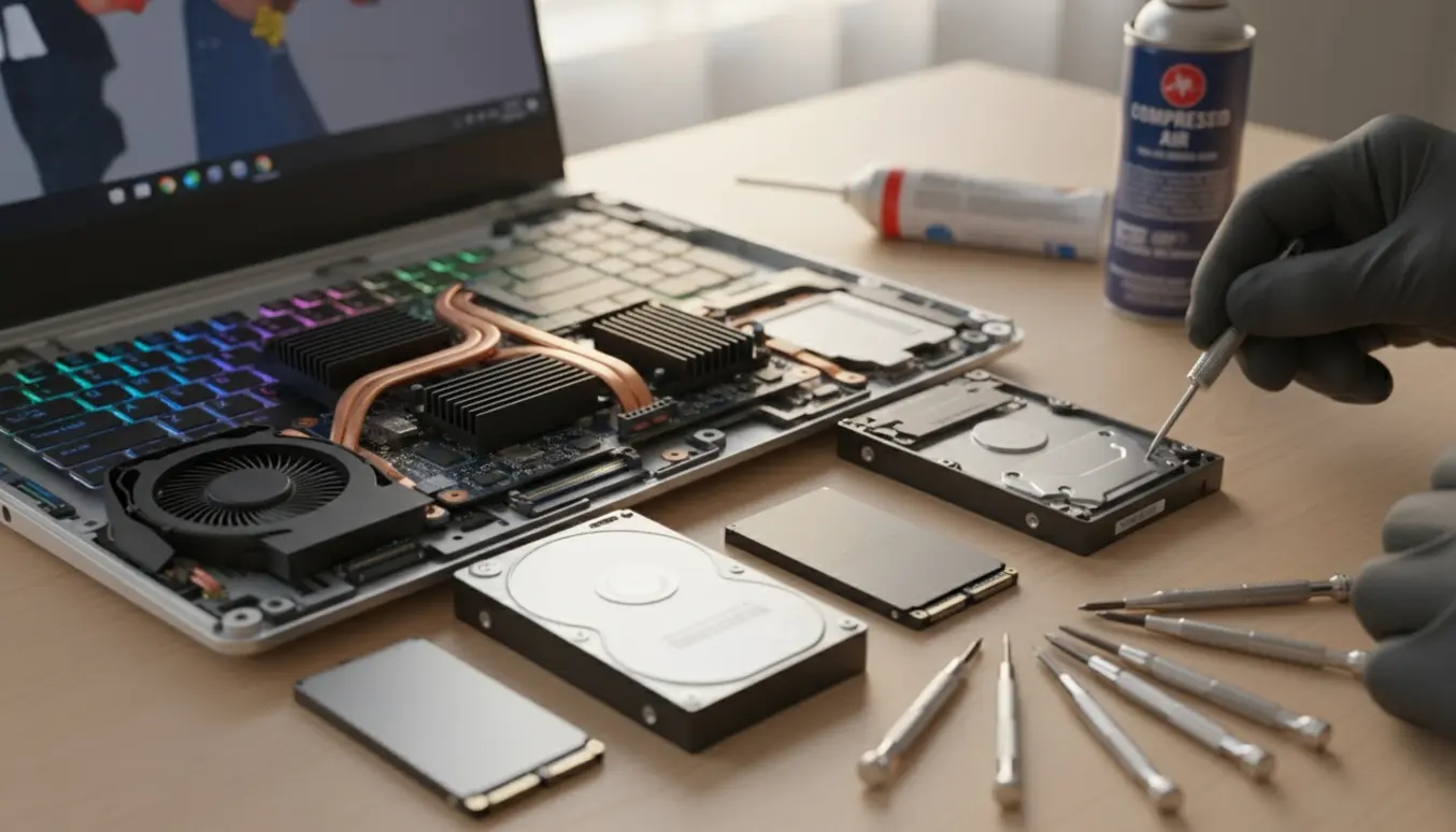 Åben gamer-bærbar på bord med fjernet støvet harddisk, ny SSD og værktøj klar til reparation.