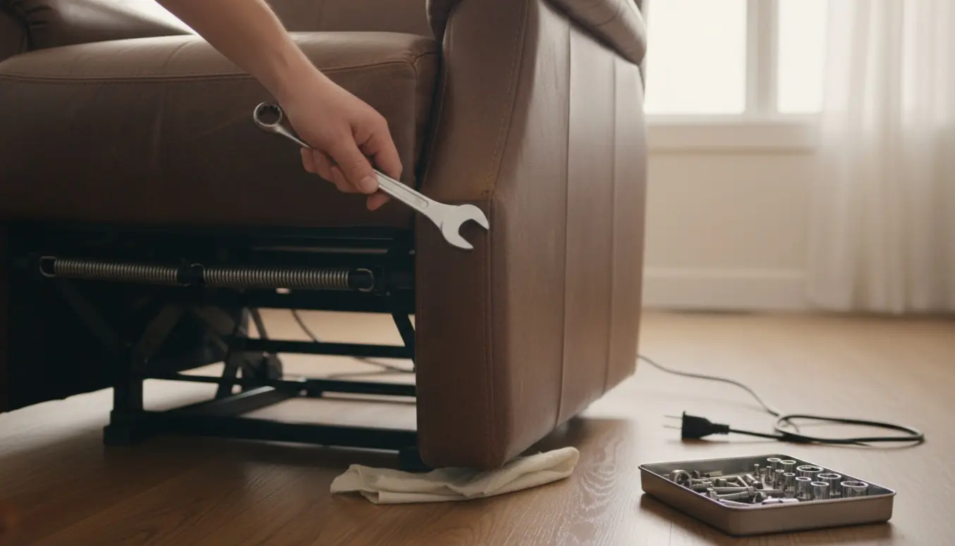 Nærbillede af hænder, der spænder en løs møtrik ved armlænet på en elektrisk hæve-sænkestol med synligt hejs og værktøj.