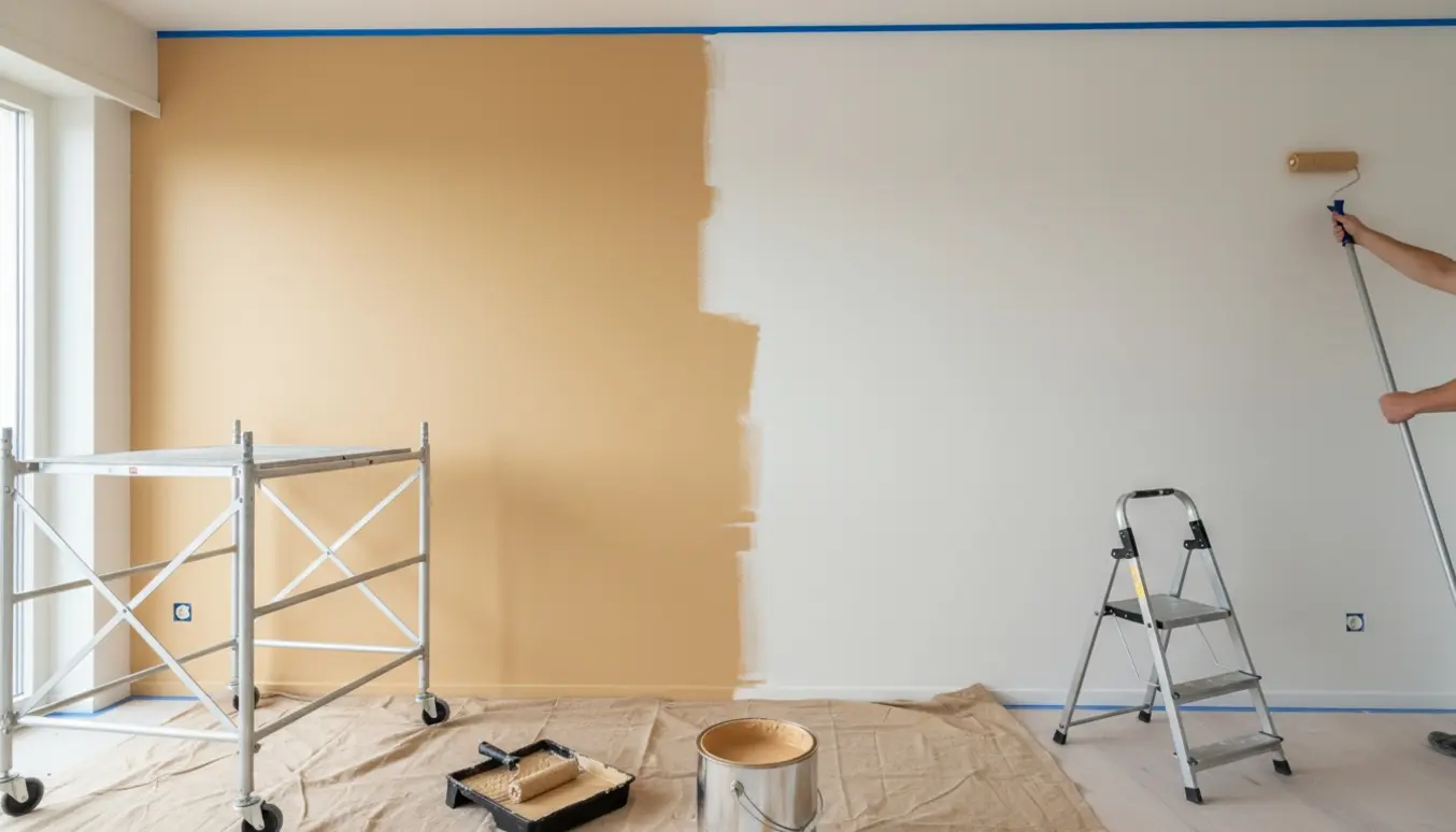 En lejlighedsvæg males fra hvid til varm sand med stige, rulle og afdækning i dagslys.