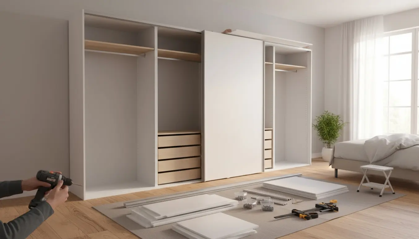 Nærbillede af montering af tre høje modulgarderober med hænder og værktøj i et lyst soveværelse.
