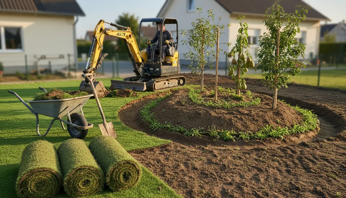 Havearbejde med fjernet græs og jordvold omkring unge frugttræer, minigraver og rullede plænetørv i varmt morgonlys.