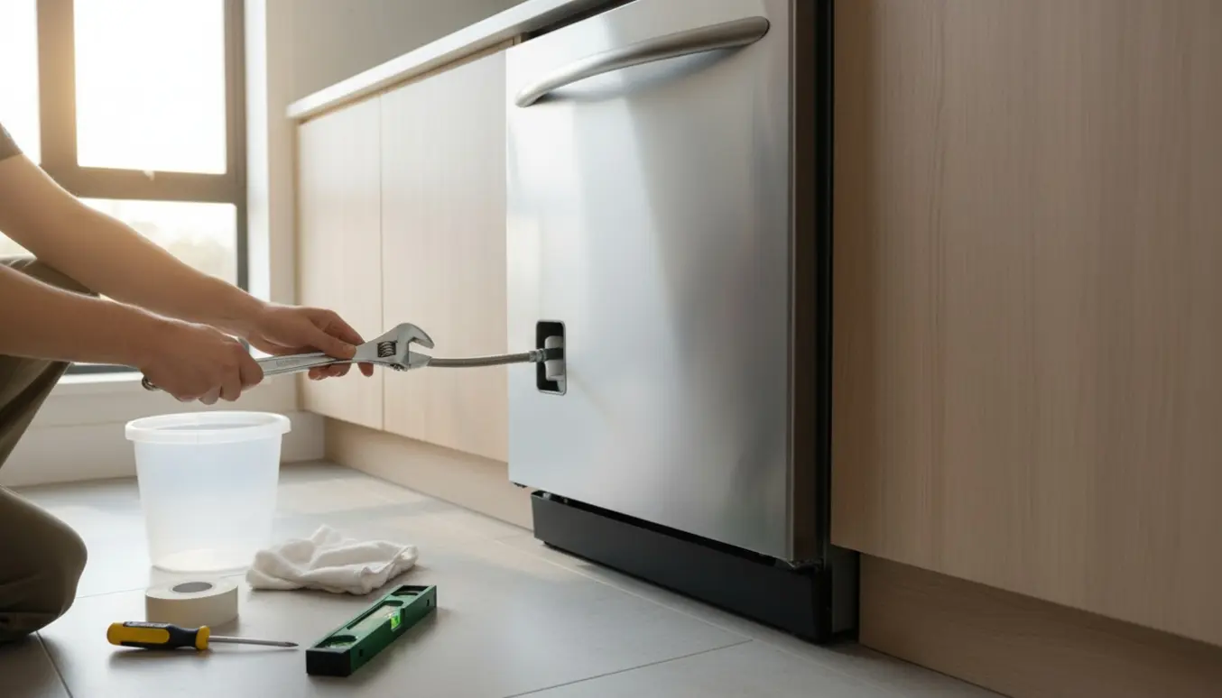 Hænder forbinder vand- og afløbsslanger på en ny opvaskemaskine i et lyst moderne køkken.