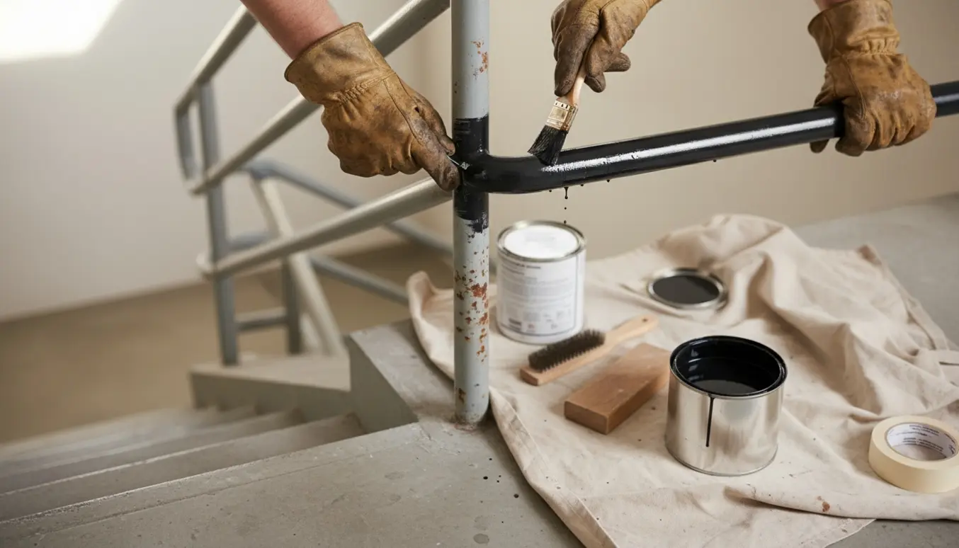 Nærbillede af hænder, der grunder og maler et sikkerhedsrækværk sort ved en trappeindgang.