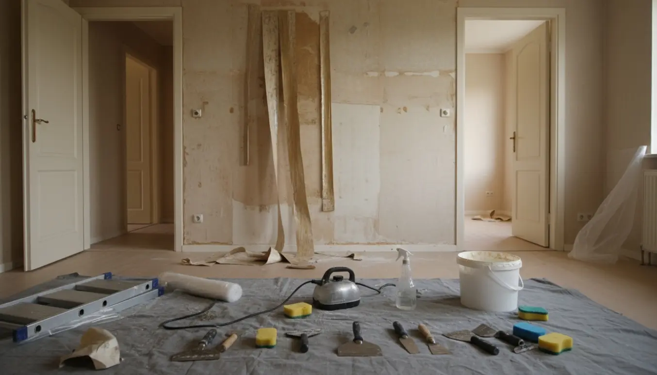 Delvist fjernet tapet i et værelse med skraper, damper, beskyttelsesdug og papirrester på gulvet.