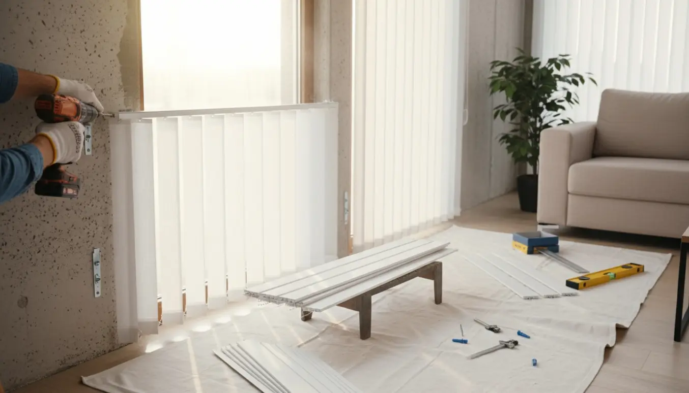 Hænder monterer og tilpasser lamelgardiner på en gasbetonvæg i en stue.