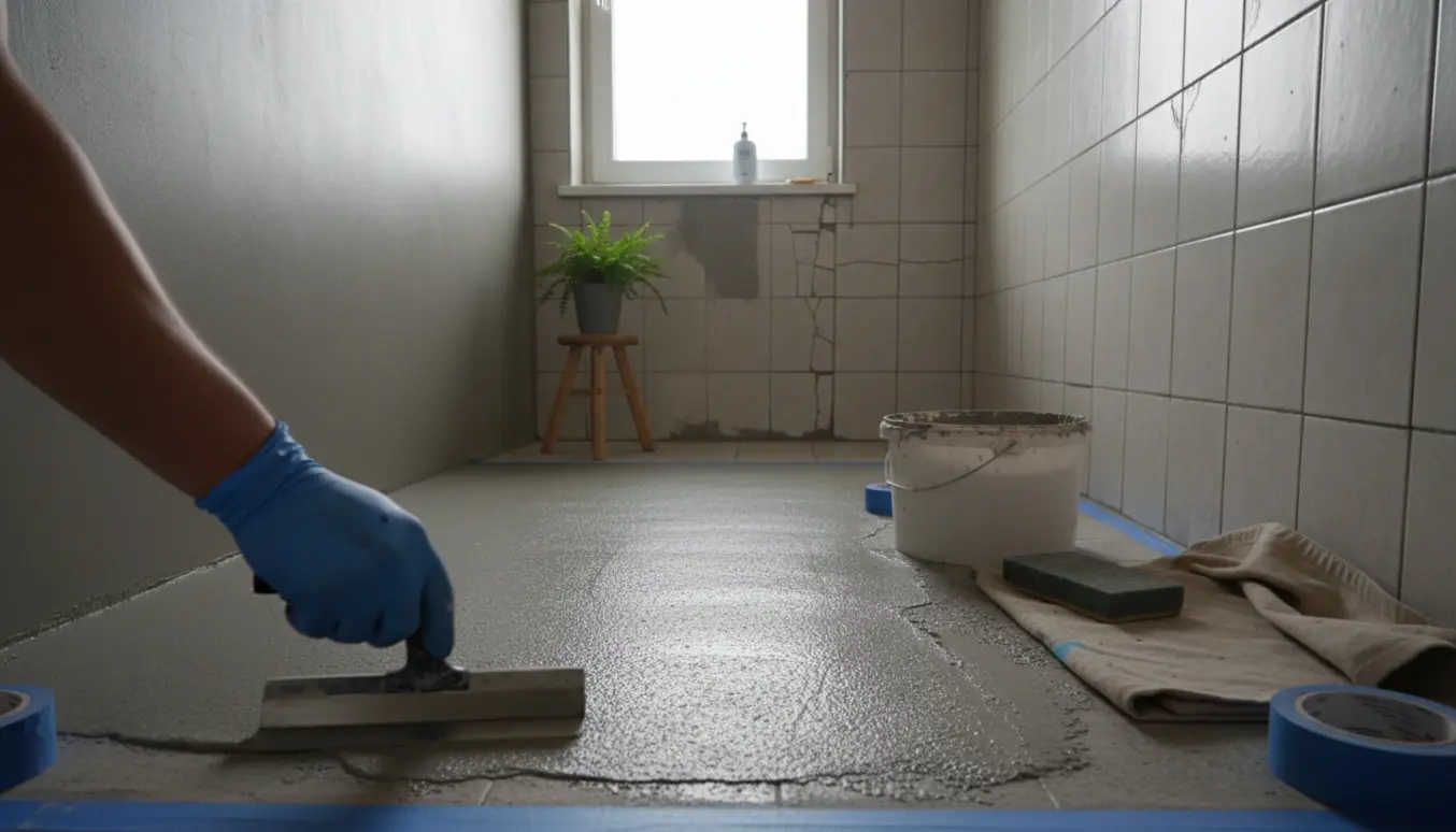 Lille badeværelse hvor microcement påføres over eksisterende fliser med værktøj i forgrunden.