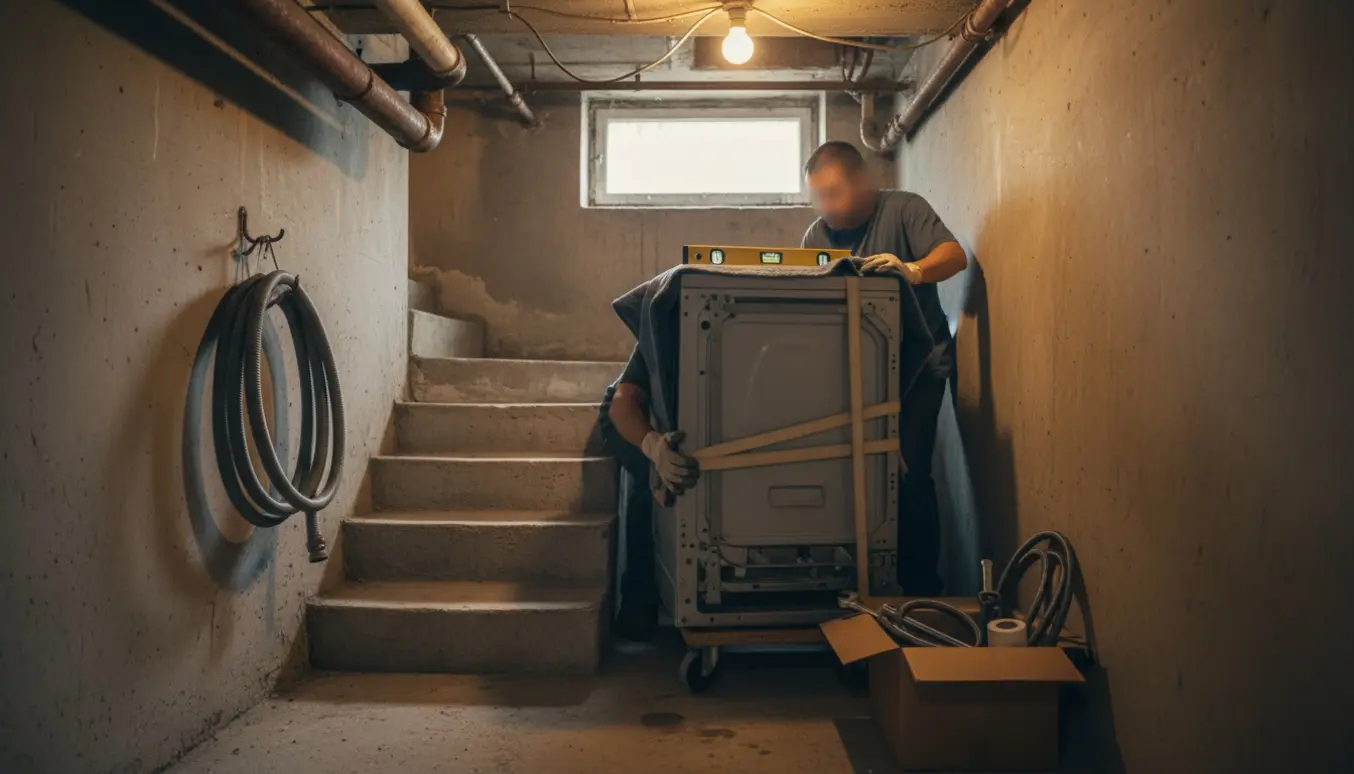 To personer bærer en vaskemaskine ned ad en kældertrappe med værktøj og flytteudstyr omkring dem.