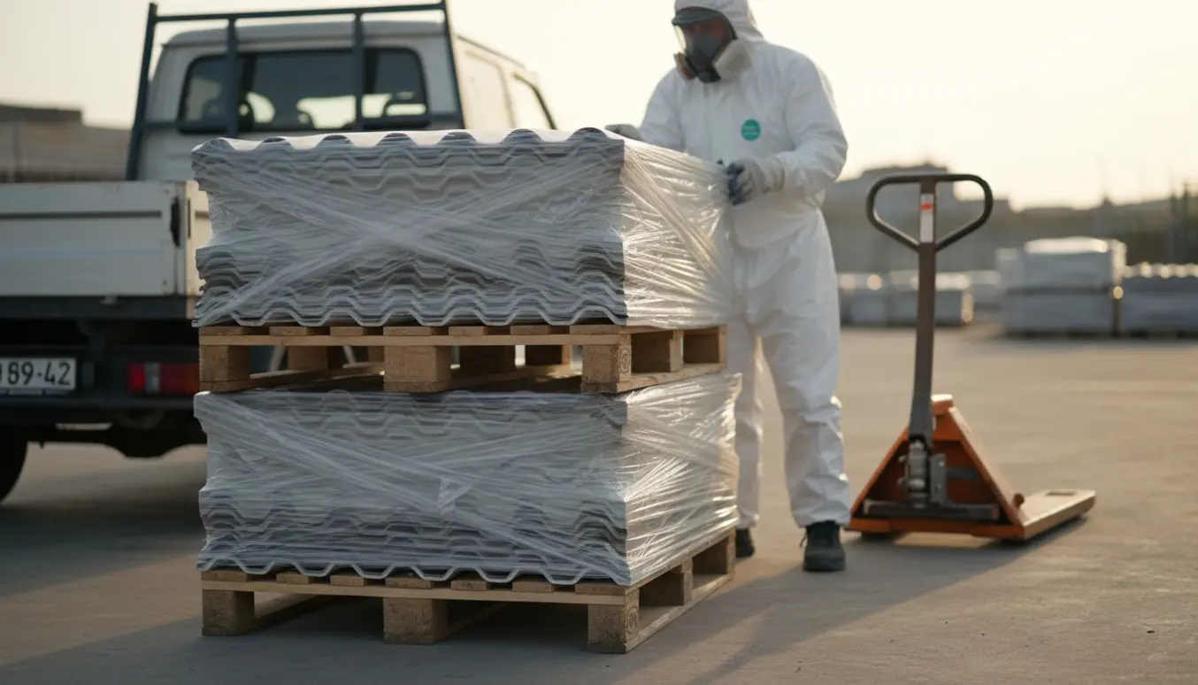 Indpakkede bølge-etanitplader på paller klar til afhentning, arbejderen i beskyttelsesdragten set bagfra.