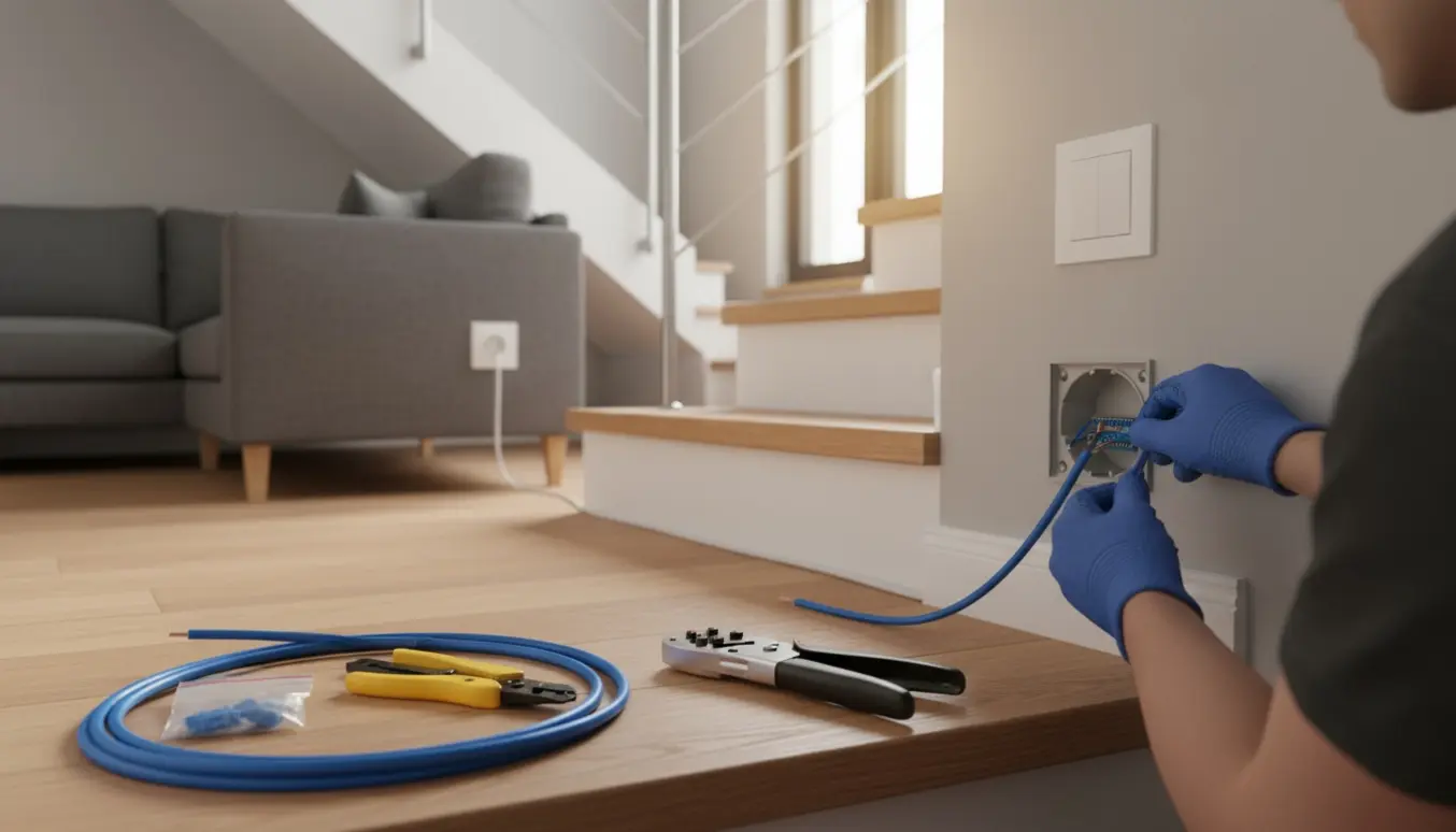 Hænder monterer et nyt Ethernet-stik på en trappeopgang med værktøj og det eksisterende internetstik i stuen i baggrunden.