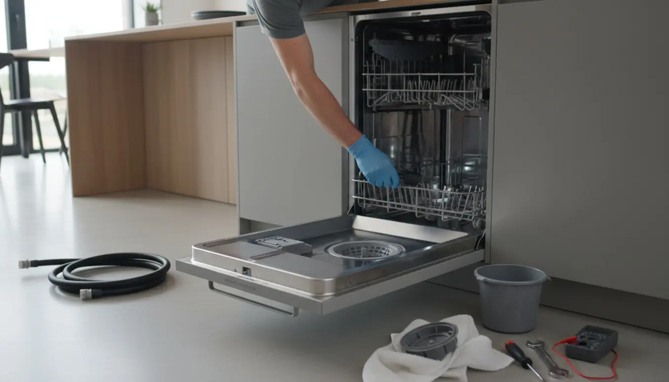 Åben smal indbygget opvaskemaskine med vand i bunden, værktøj og hænder, der inspicerer afløbspumpen.