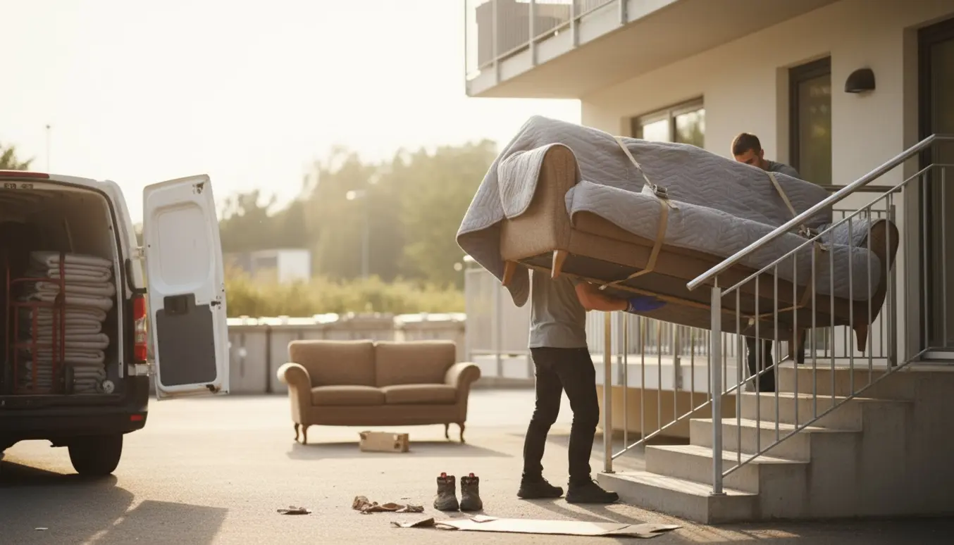 En indpakket ny sofa bæres op ad trappen, mens den gamle sofa står ved storskraldspladsen.