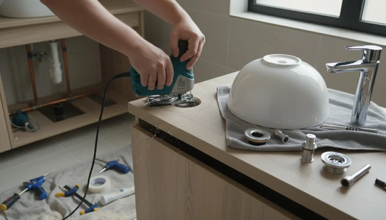 Montering af nyt badeværelsesmøbel med udskæring i bordpladen til en keramisk vask, nye armaturer og nedtagning af det gamle møbel.