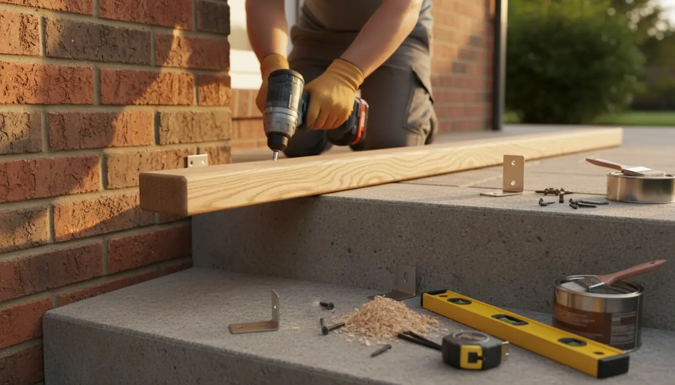 Hænder monterer et enkelt trægelænder på den ene side af en udendørs trappe med værktøj og træ ved siden af.