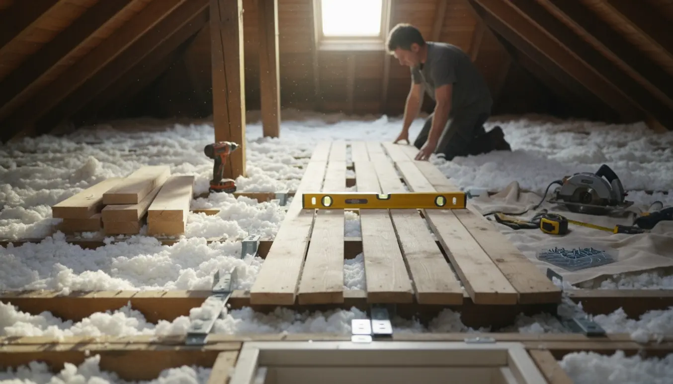 Delvist etableret gangbro på et gammelt loft med træplanker, synlig 200 mm isolering og åben loftlem.
