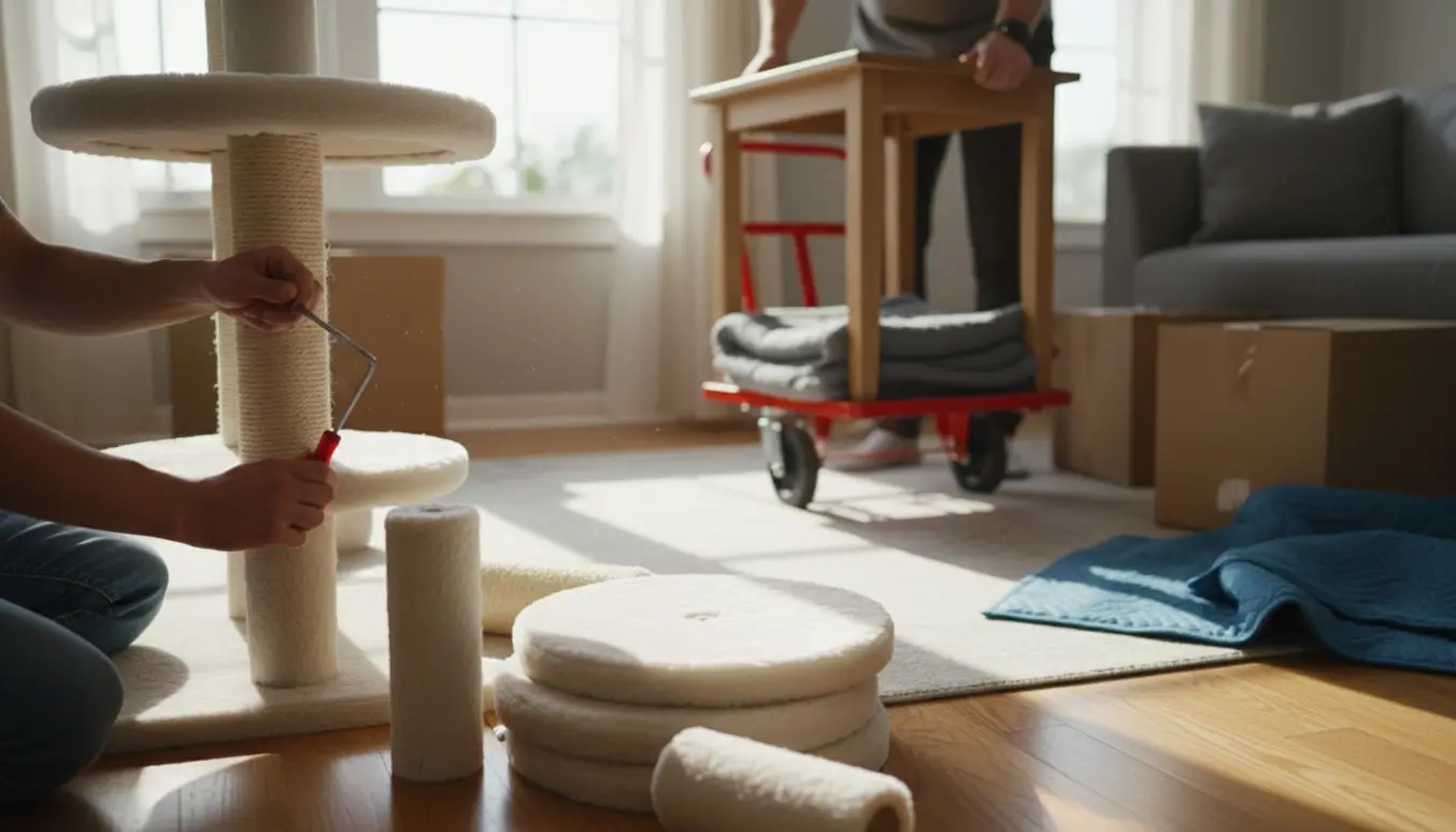 Hænder demonterer et stort kattetræ og gør et bord klar til flytning i en lys stue.