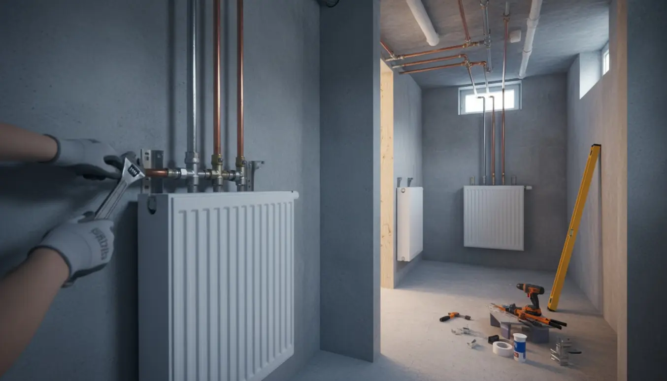 To små radiatorer installeres i kælderrum med eksponerede loftsrør og håndværktøj.