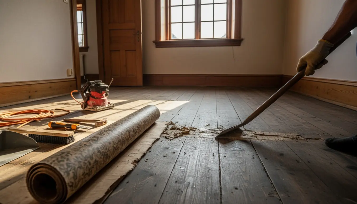 Afmonteret linoleum rullet op og blotlagt trægulv klar til slibning i et lille værelse i et murermesterhus fra 1933.
