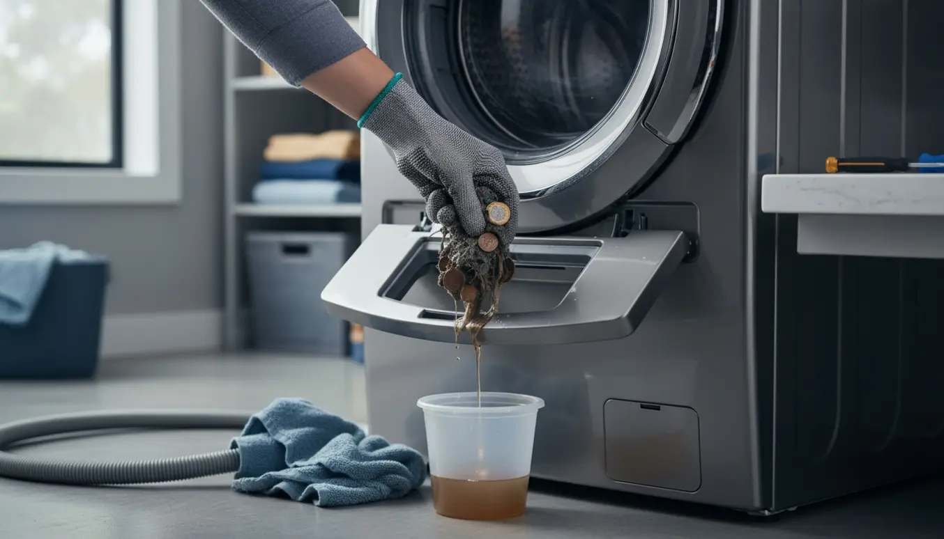 Åben vaskemaskine med pumpefilter, en hånd fjerner fnug og mønter, mens en spand opsamler vand.